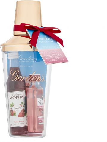 Gordons Premium Pink Gin and Monin Strawberry Syrup with Cocktail Shaker Set