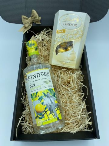 Finders Lemon and Lime Gin with a box of Belgian Lindt White Chocolate