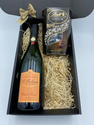 Champagne G.Tribaut Cuvée De Reserve Brut with a box of Belgian Lindt Chocolate, Extra Dark
