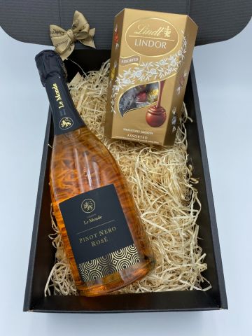 Le Monde Pinot Nero Spumante Rosato Brut NV with a box of Belgian Lindt Chocolate, Assorted